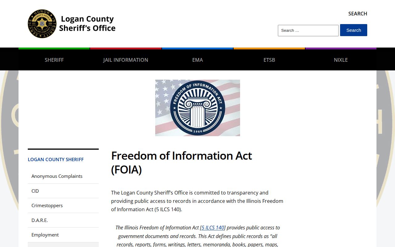 Logan County Sheriff FOIA page for booking records and photos