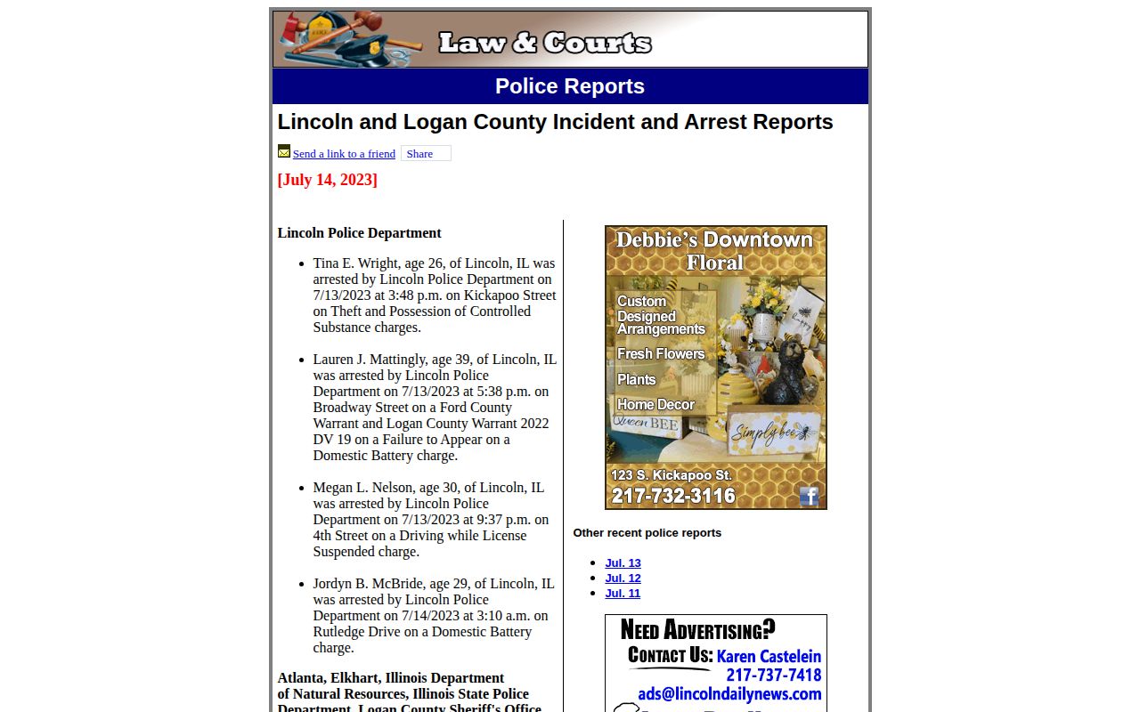 Lincoln Daily News Logan County incident and arrest report