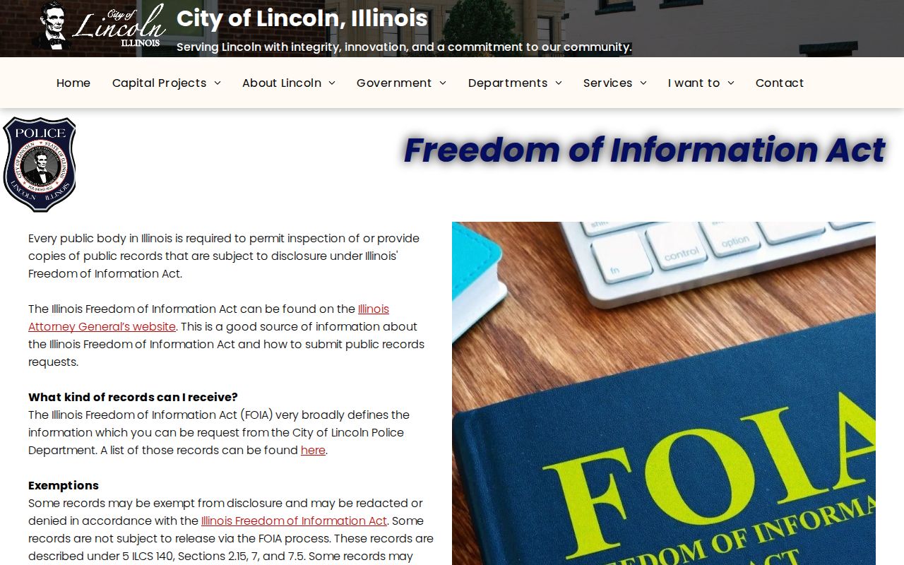 Lincoln Police FOIA page for arrest reports and booking photos