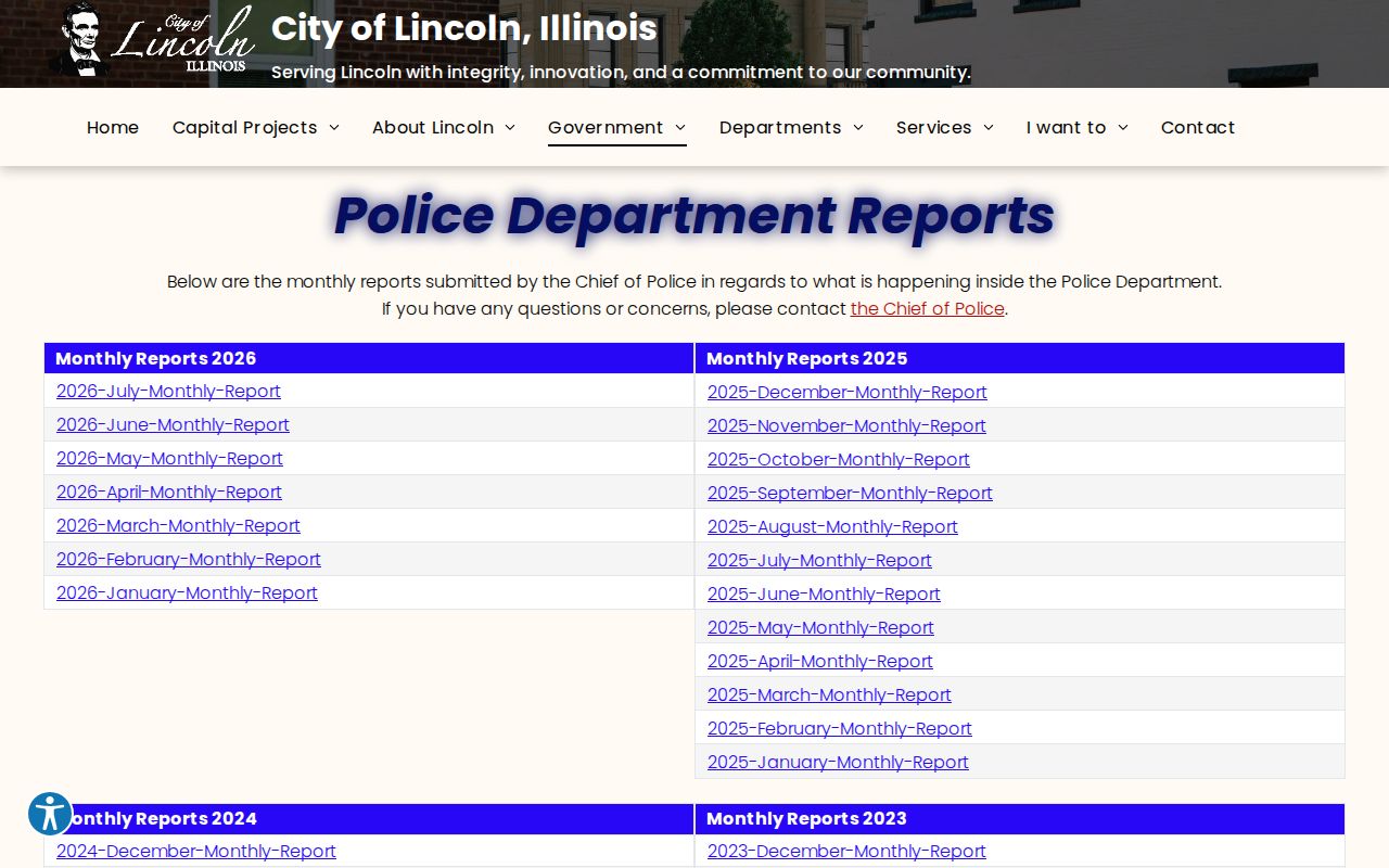 Lincoln Police monthly reports for Logan County city arrest context